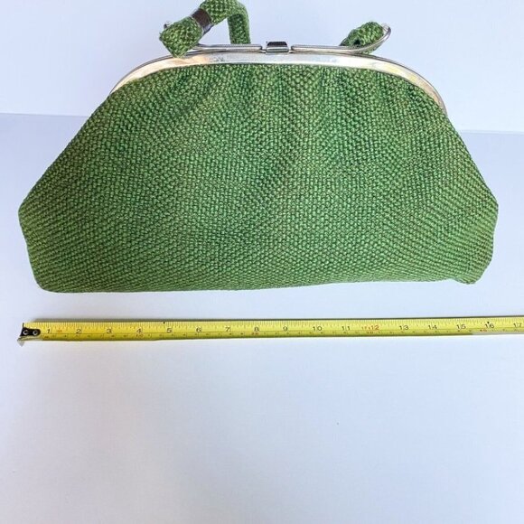 Vintage Wool Tweed Forest Green  Textured Fabric Large Oval Top Handle Bag - Picture 9 of 11